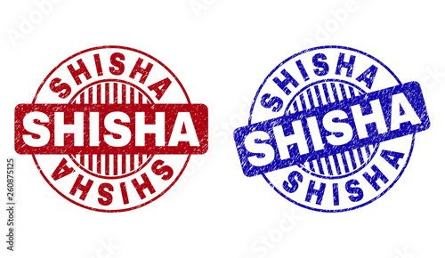 Grunge SHISHA round stamp seals isolated on a white background. Round seals with grunge texture in red and blue colors. Vector rubber imitation of SHISHA caption inside circle form with stripes.