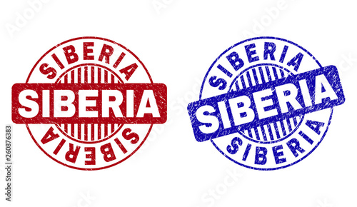 Grunge SIBERIA round stamp seals isolated on a white background. Round seals with grunge texture in red and blue colors. Vector rubber overlay of SIBERIA label inside circle form with stripes.