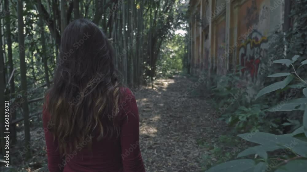 Lonely young brunette walking in the wood. back view Lonely young brunette walking in the wood. back view