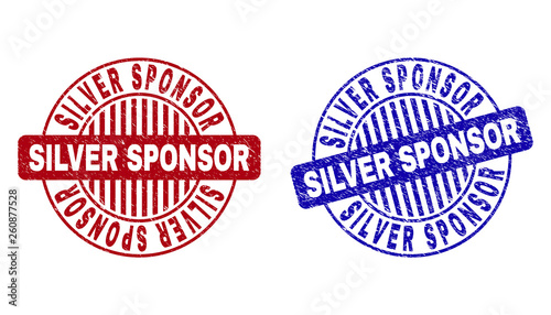 Grunge SILVER SPONSOR round stamp seals isolated on a white background. Round seals with grunge texture in red and blue colors.