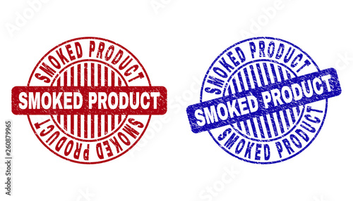 Grunge SMOKED PRODUCT round stamp seals isolated on a white background. Round seals with grunge texture in red and blue colors.