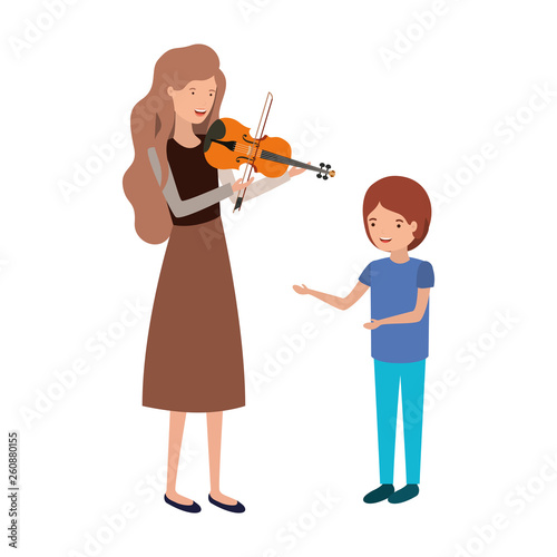 woman with son and violin avatar character