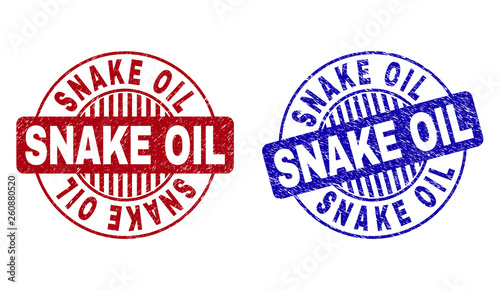 Grunge SNAKE OIL round stamp seals isolated on a white background. Round seals with grunge texture in red and blue colors. Vector rubber watermark of SNAKE OIL tag inside circle form with stripes.