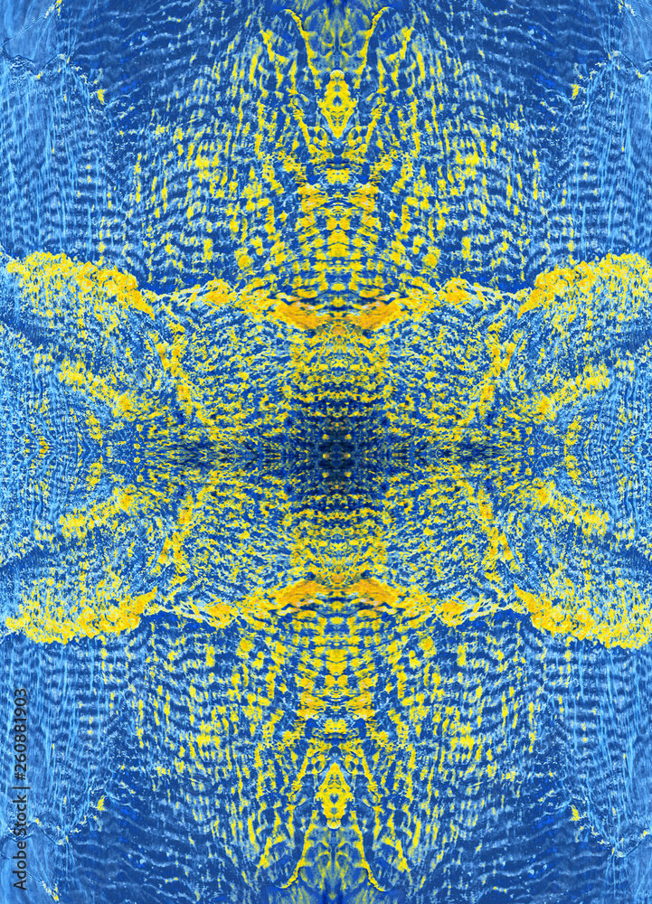 Abstract natural background with blue water texture and yellow repeating pattern. 
