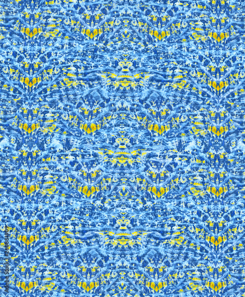 Abstract natural background with a shabby texture and a yellow and blue repeating pattern. 