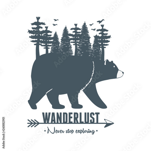 wanderlust label with forest scene and grizzly bear