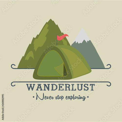 wanderlust label with forest scene and camping tent