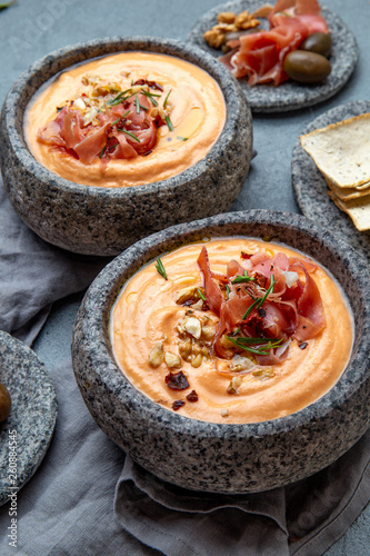 Spanish cold tomato soup Salmorejo. Traditional tomato soup with white bread and olive oil.
