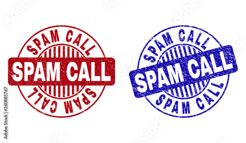 Grunge SPAM CALL round stamp seals isolated on a white background. Round seals with grunge texture in red and blue colors. Vector rubber imitation of SPAM CALL title inside circle form with stripes.