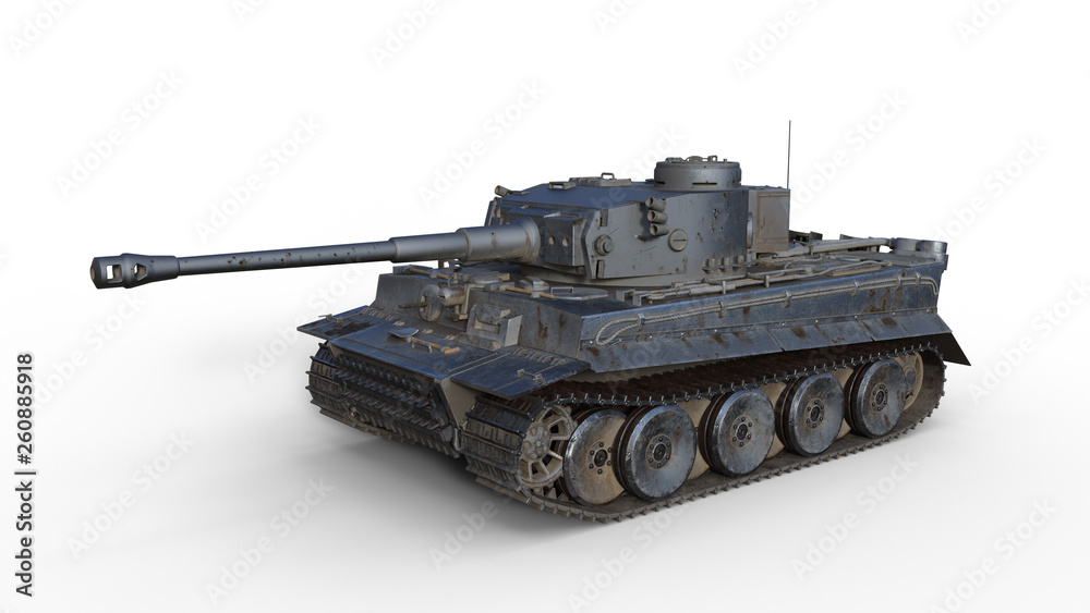 Old army tank, vintage armored military vehicle with gun and turret isolated on white background, 3D rendering
