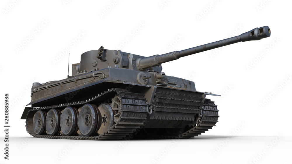 Old army tank, vintage armored military vehicle with gun and turret isolated on white background, bottom view, 3D rendering