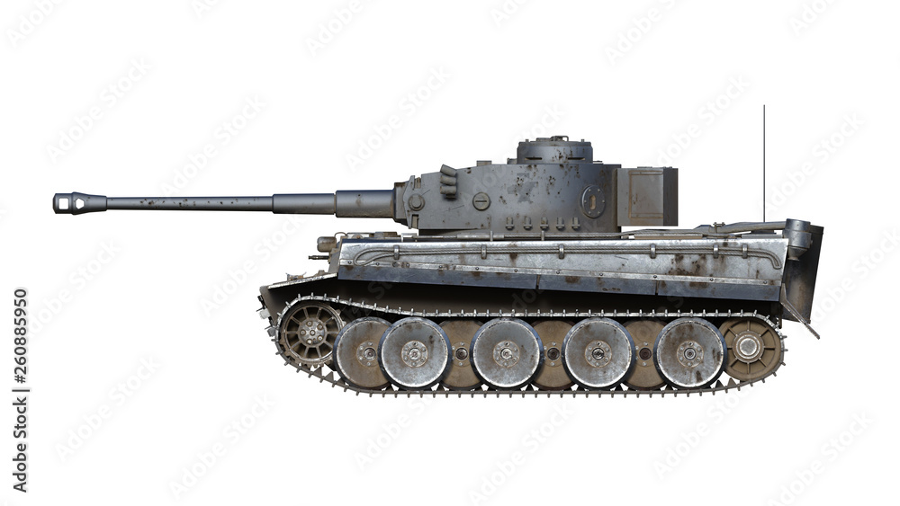 Old army tank, vintage armored military vehicle with gun and turret isolated on white background, side view, 3D rendering