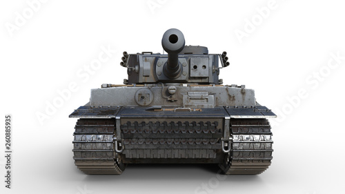 Old army tank, vintage armored military vehicle with gun and turret isolated on white background, front view, 3D rendering