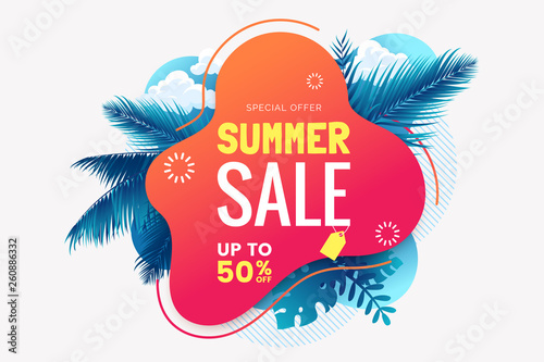 Summer sale banner template. Summer abstract geometric background with palm leaves and clouds. Tropical backdrop. Promo badge for your seasonal design. Vector illustration.