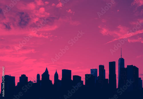New York City skyline buildings and empty sky in pink and blue