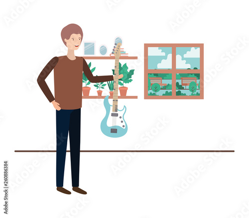 man with electric guitar in living room character