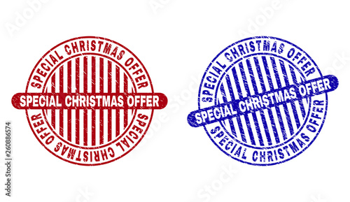 Grunge SPECIAL CHRISTMAS OFFER round stamp seals isolated on a white background. Round seals with distress texture in red and blue colors.