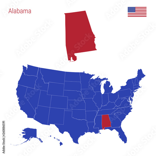The State of Alabama is Highlighted in Red. Vector Map of the United States Divided into Separate States. photo