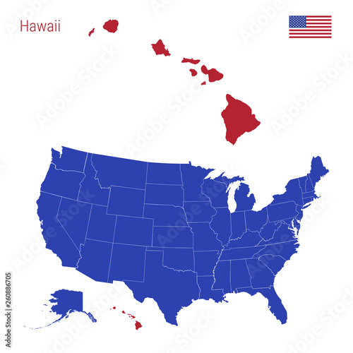 The State of Hawaii is Highlighted in Red. Vector Map of the United States Divided into Separate States. photo