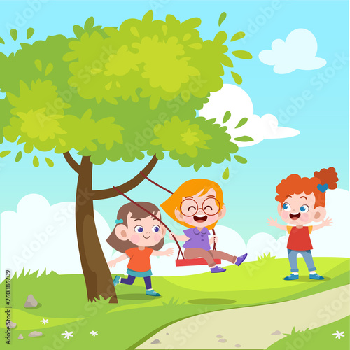 kids play swing in the garden vector illustration