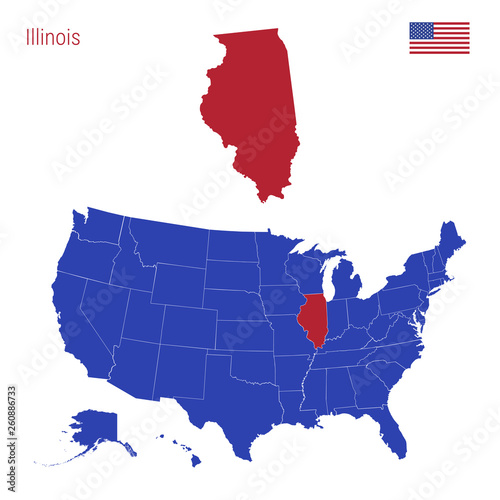 The State of Illinois is Highlighted in Red. Vector Map of the United States Divided into Separate States. photo