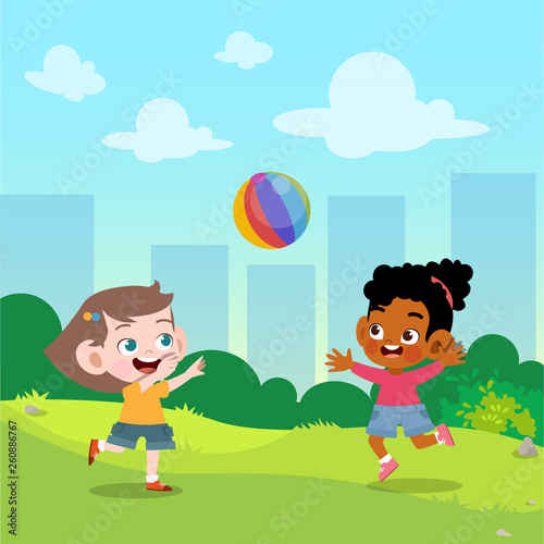 kids play ball in the garden vector illustration