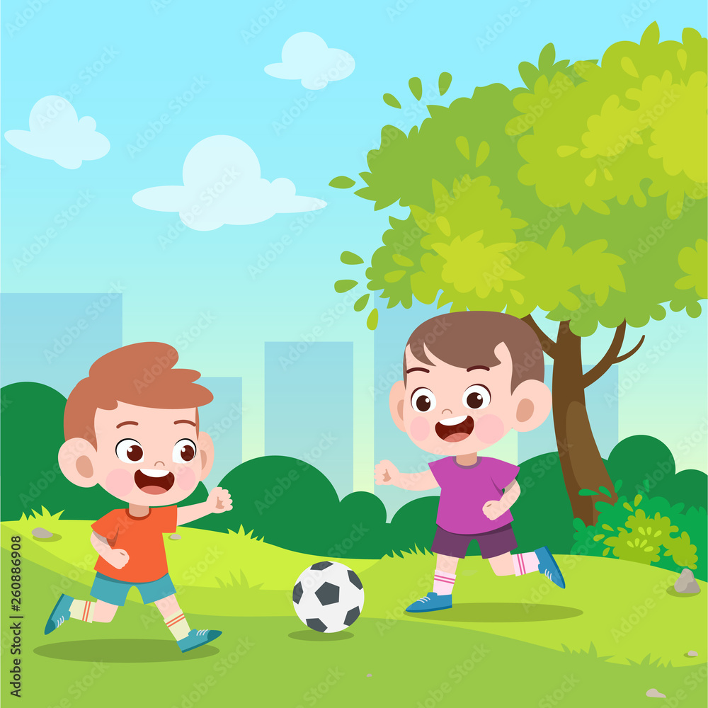 kids play football in the garden vector illustration