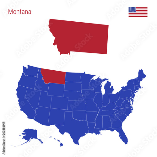 The State of Montana is Highlighted in Red. Vector Map of the United States Divided into Separate States. photo