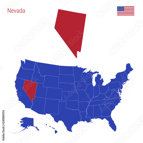 The State of Nevada is Highlighted in Red. Vector Map of the United States Divided into Separate States. photo