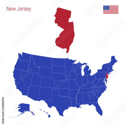 The State of New Jersey is Highlighted in Red. Vector Map of the United States Divided into Separate States. photo