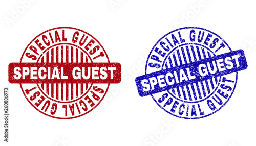 Grunge SPECIAL GUEST round stamp seals isolated on a white background. Round seals with grunge texture in red and blue colors.