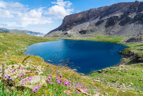 Beautiful lake in the mountains. Sunny weather, flowers in the foreground. View from afar. Big Agur Lake, Arkhyz, Caucasus, Russia