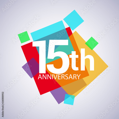 15th anniversary logo, vector design birthday celebration with colorful geometric isolated on white background.