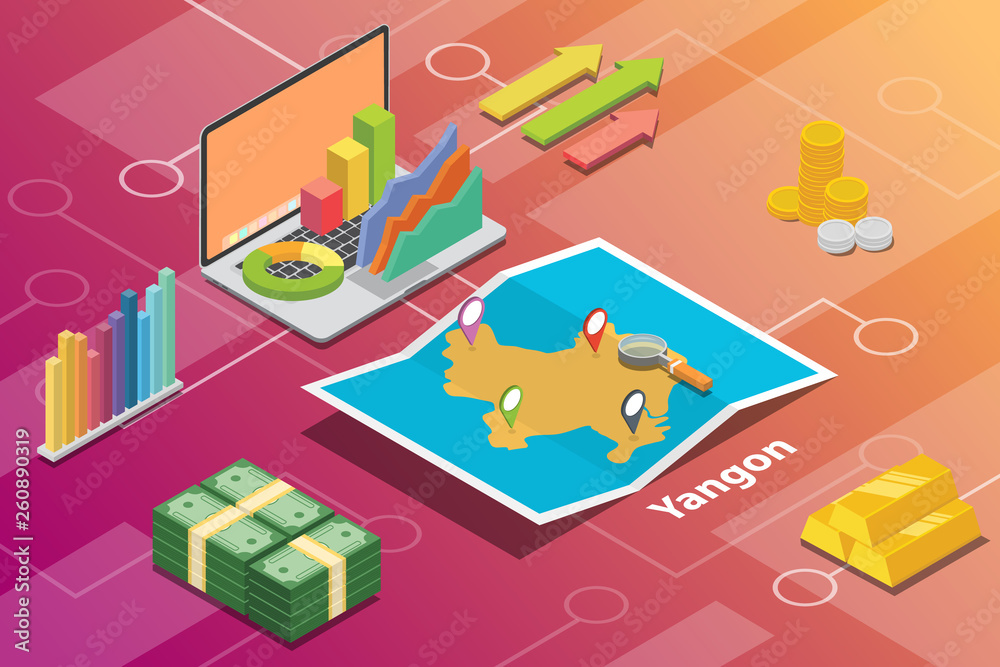 yangoon or rangoon city isometric financial economy condition concept for describe cities growth expand - vector