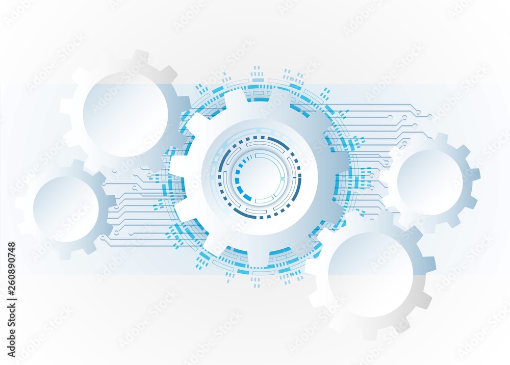 Futuristic clean technology concept,  white paper gear wheel technology circuit board. hi-tech, engineering.  white-blue background