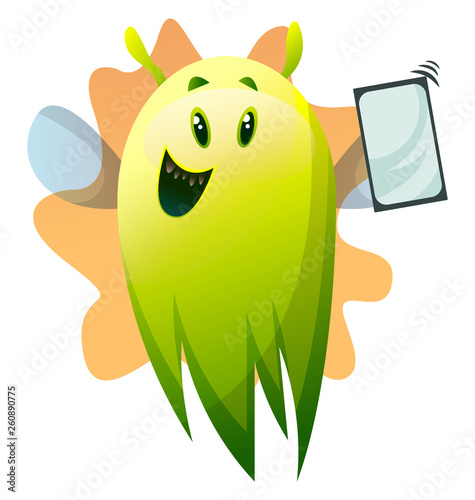 Smiling cartoon green monster with phone vector illustartion on white background