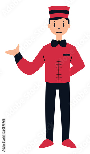 Doorman character in red and black suit vector illustration on a white background