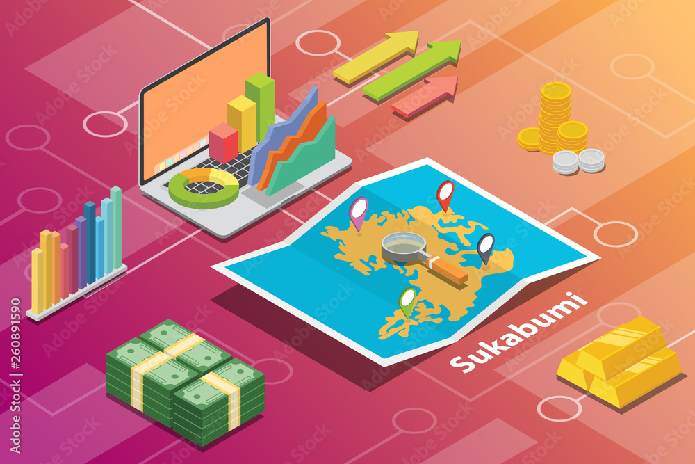 sukabumi indonesia city isometric financial economy condition concept for describe cities growth expand - vector