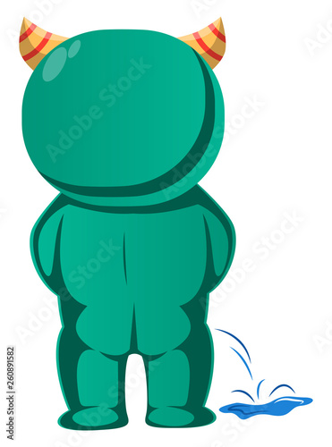 Green monster with horns peeing vector illustration