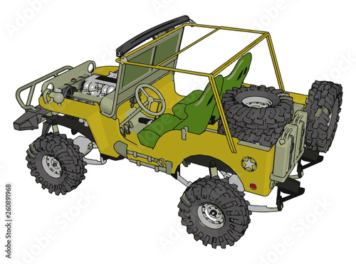 Green and yellow sand buggy with grey tiers vector illustration on white background