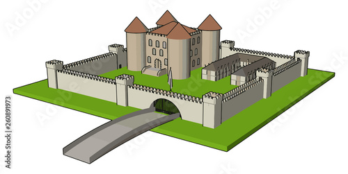 Medieval castle with fortified wall and towersand bridge vector illustration on white background