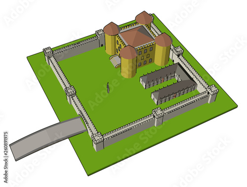 Medieval castle with fortified wall and towersand bridge vector illustration on white background