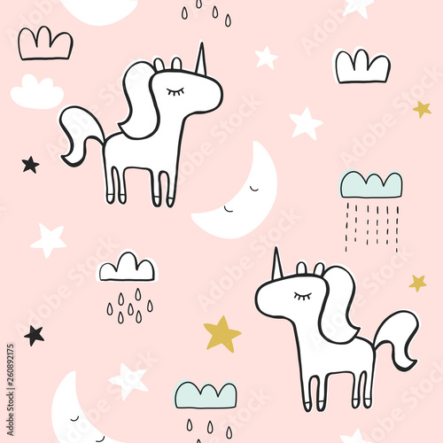 Cute seamless magic forest unicorn pattern for kids, baby apparel, fabric, textile, wallpaper, bedding, swaddles with unicorn, Scandinavian style for clothes, swaddles, apparel, planner, sticker