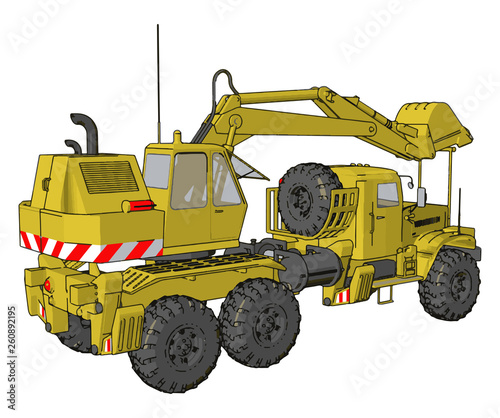 3D vector illustration of yellow big excavator machine on white background photo