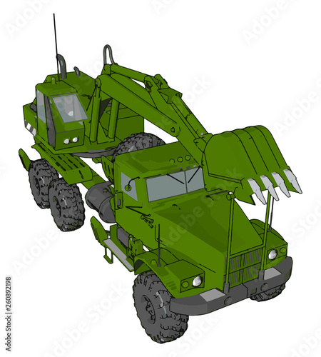 3D vector illustration on white background of green excavator machine photo