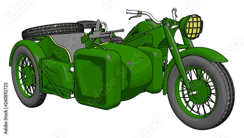 3D vector illustration on white background  of a military motorcycle with sidecar