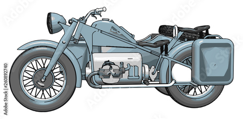 3D vector illustration on white background  of a military motorcycle with sidecar