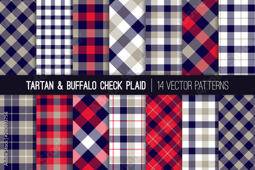 Navy Blue, Gray, Red and White Tartan and Buffalo Check Plaid Vector Patterns. Hipster Lumberjack Flannel Shirt Fabric Textures. Summer Men's Fashion Prints. Pattern Tile Swatches Included.