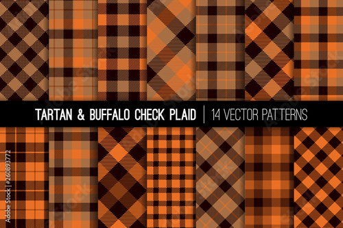 Orange, Brown and Beige Tartan and Buffalo Check Plaid Vector Patterns. Hipster Lumberjack Flannel Shirt Fabric Textures. Fall Winter Fashion. Father's Day Background. Pattern Tile Swatches Included.