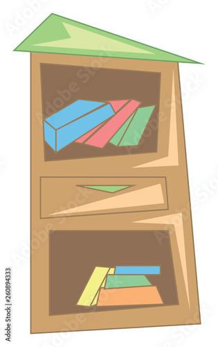 A wooden book shelf with loads of books stacked inside vector color drawing or illustration